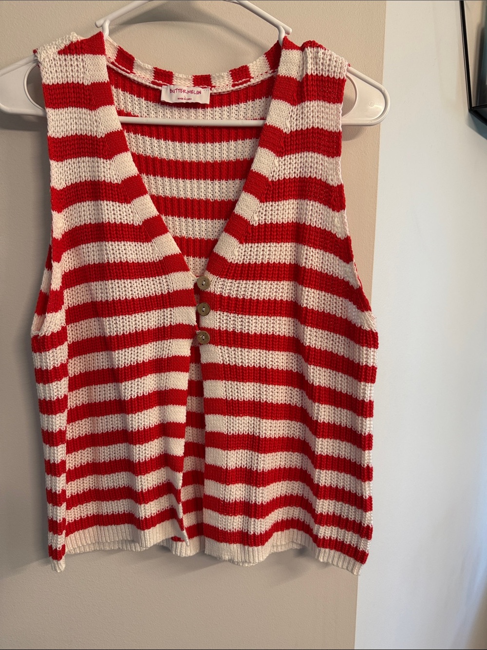 Striped Knit Button-Front Vest - Red & White